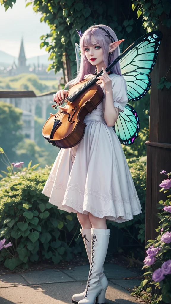 Irish woman, anime, modest, beautiful, high quality, night, 8k, long waist length light pale purple hair, green eyes, red lips, eyelashes, long victorian white dress, boots, elf ears, large colorful butterfly fairy wings, violin, standing