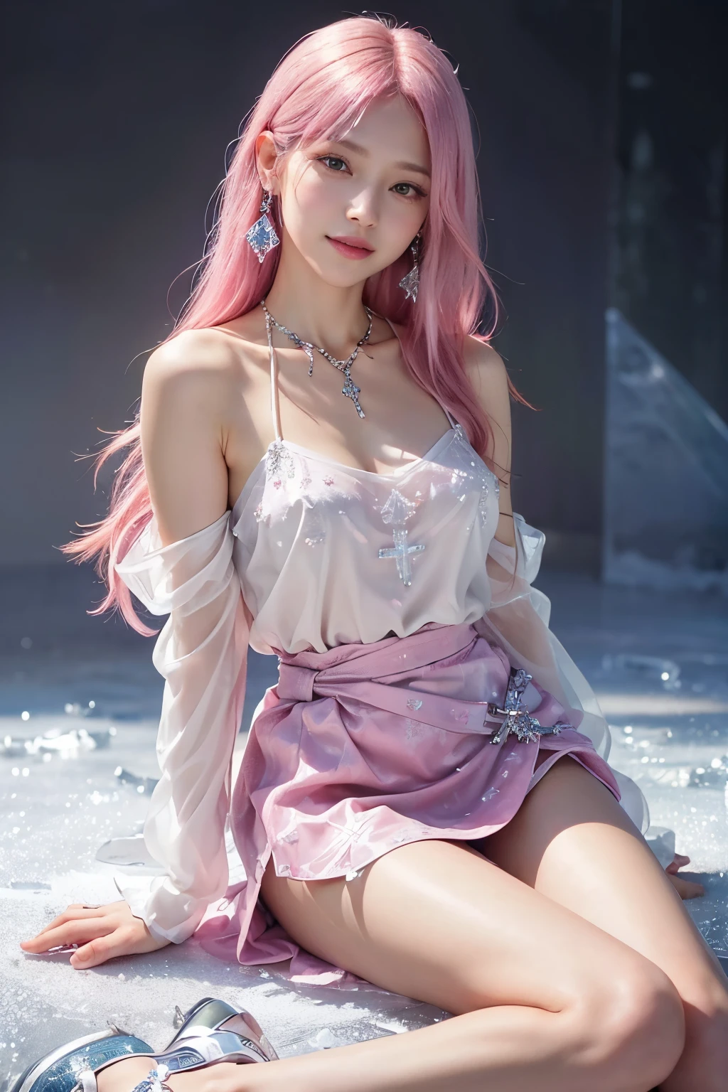 (8K, Top Quality, Masterpiece:1.2), (Realistic, Photorealistic:1.37), Super Detail, 1 Girl,), (Highly Detailed), (Beautifully Detailed Eyes), (Top Quality), (Super Detail), (Masterpiece), (Detailed Face),20 years old, ,1 Girl, ((Pink Hair, Long Hair)), Medium Breasts,. Dress, perfect lighting, BREAK, (All clothing is made of ice: 1.5), (transparent ice: 1.2), (no outerwear:1.0), (transparent camisole made of ice: 1.2), (long sleeved blouse with ice crystal pattern: 1.2), (long ice skirt with A-line silhouette: 1. 2), (slim fit silhouette: 1.2), (ice crystal embroidery and bijoux detail: 1.2), (no socks: 0), (ankle cross strap ice heels: 1.2), (ice crystal earrings and necklace: 1.2), BRAKE, (upper body to thighs: 1.2), (long pink hair: 1.2), (smile: 1.2), (slightly tilted to face front: 1.2), (confident pose with one hand on waist:1.2), (other hand touching skirt: 1.2), (ice filled background including ice crystals, pillar, ice castle: 1.2) (bright lighting with subject in focus: 1.2)
