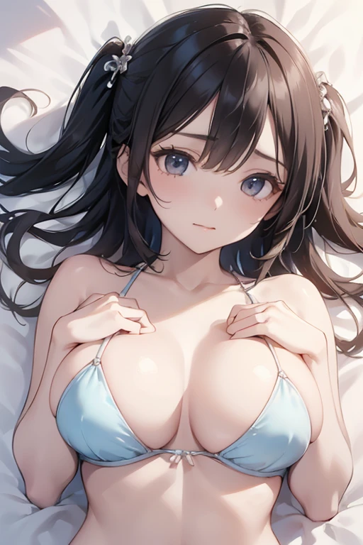 1girl,solo,(breast focus,closeup upperbody:1.3),faint smile,(Independent and deformed breasts:1.3),(avalanched breasts:1.3),micro bikini,High Contrast, BLEAK A girl lying on a bed seen from directly above,(from directly above:1.3),lying on bed,dakimakura