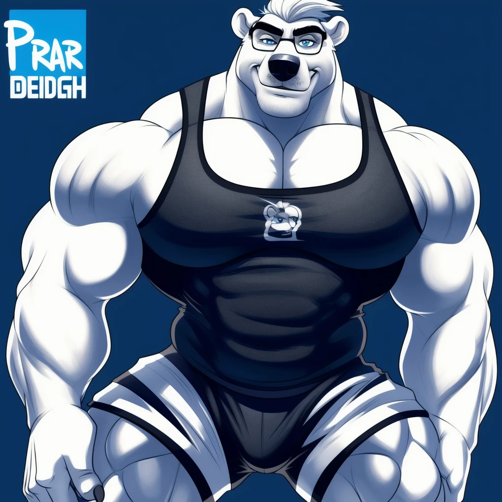 polar bear dad male gym tank top lifting barbell from down to top slighly well built , blue eyes glasses, head crest white hair,wearing gym shorts, wearing white sock, disney profile, drawing lineart full body shading evil smug, huge muscular body, pulleys