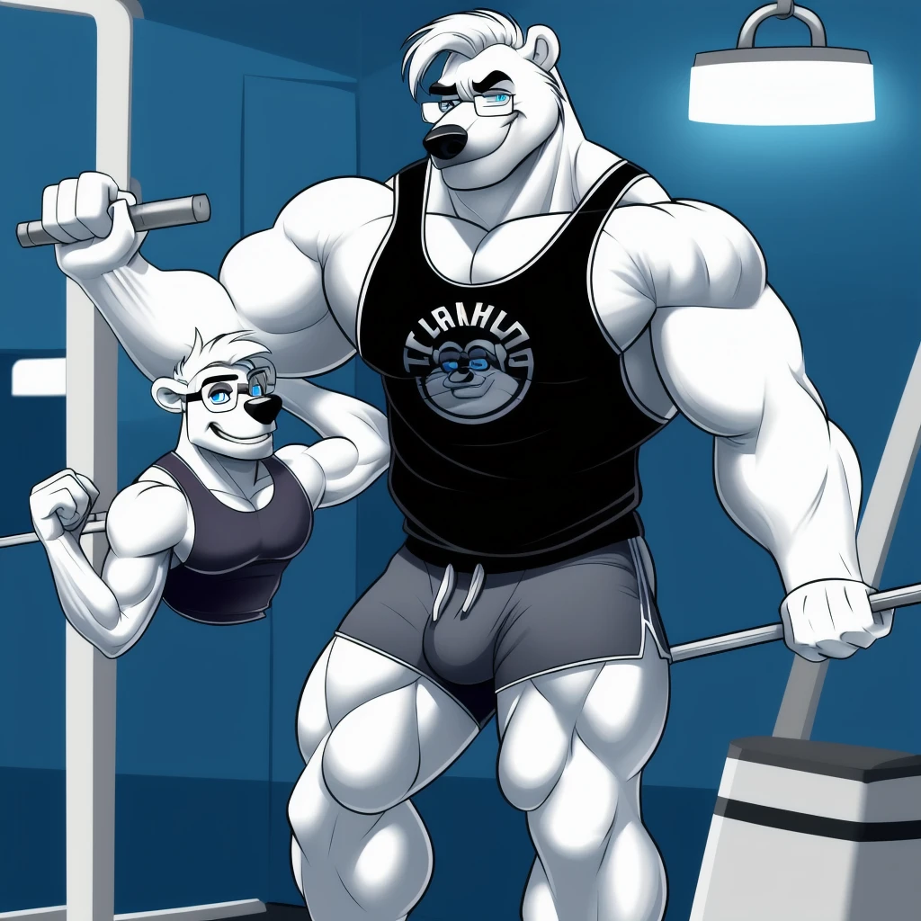 polar bear dad male gym tank top lifting barbell from down to top slighly well built , blue eyes glasses, head crest white hair,wearing gym shorts, wearing white sock, disney profile, drawing lineart full body shading evil smug, huge muscular body, pulleys