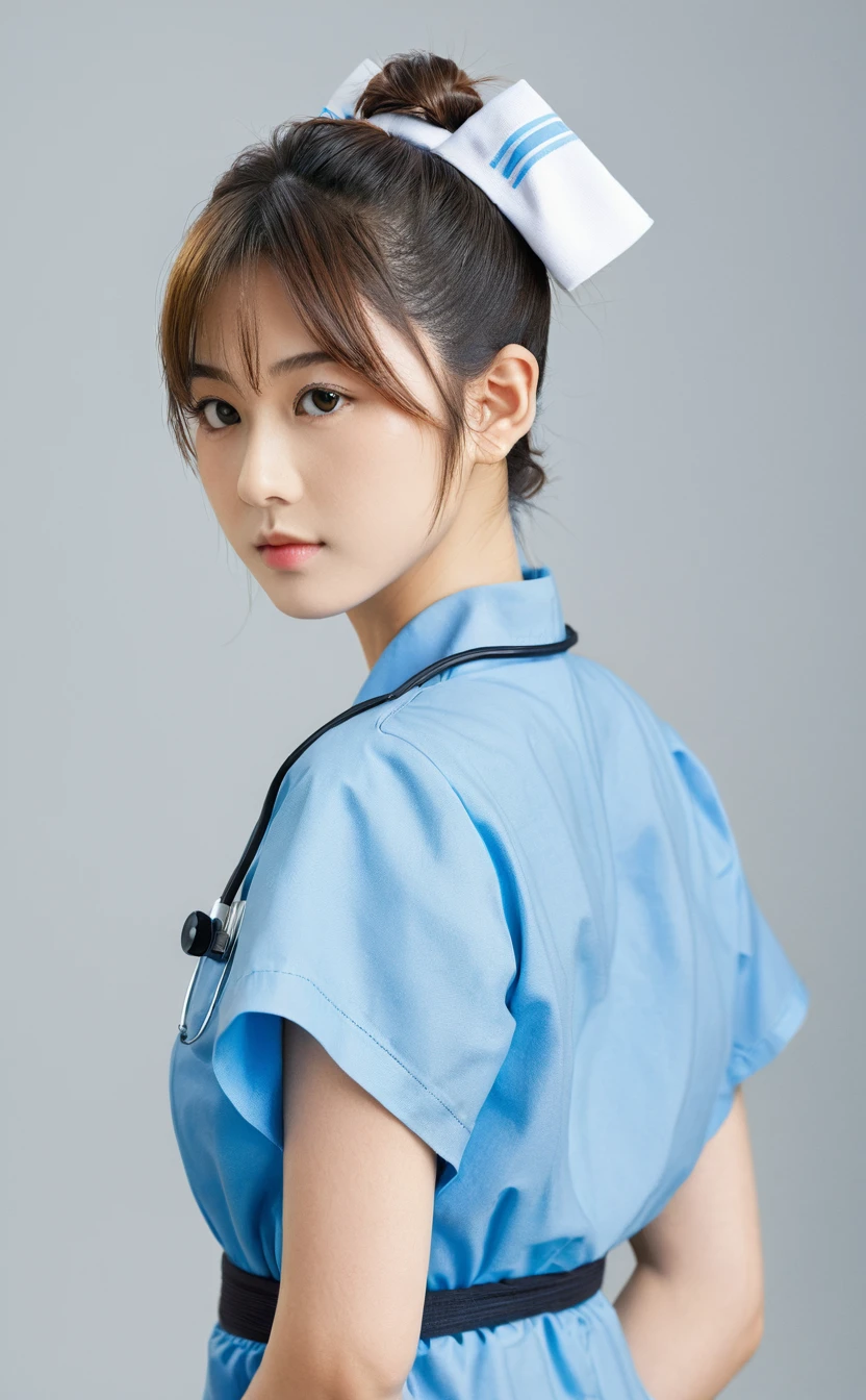 Realistic,Japanese young idol one girl portrait,Hair tied back in a bun,She is a nurse in a blue doctor&#39;s uniform.,Nurse hat,Gentle smile,Simple light blue background,Tilting face,Popular Korean makeup,photoRealistic,