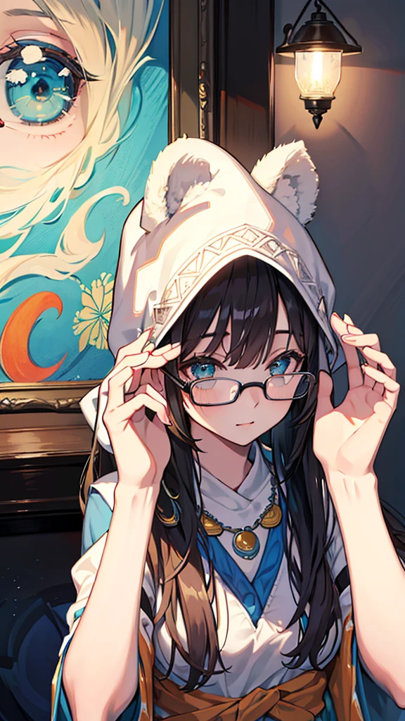 Create a detailed, close-up scene of a young woman with long dark hair, wearing a cozy beige hat with bear ears and transparent glasses. She is seen adjusting her glasses with both hands, creating a gentle and playful expression. Her facial expression is relaxed, with a soft smile, conveying a sense of warmth and comfort. She is dressed in a blue top with a colorful, patterned design featuring orange and green elements. The background is indoor with a large, abstract white sculpture to the left and a dark wall with a light fixture on the right, creating a modern and artistic setting. The camera angle should capture her from the chest up, focusing on her facial expression and the details of her hat and glasses, giving a sense of intimacy and personality.