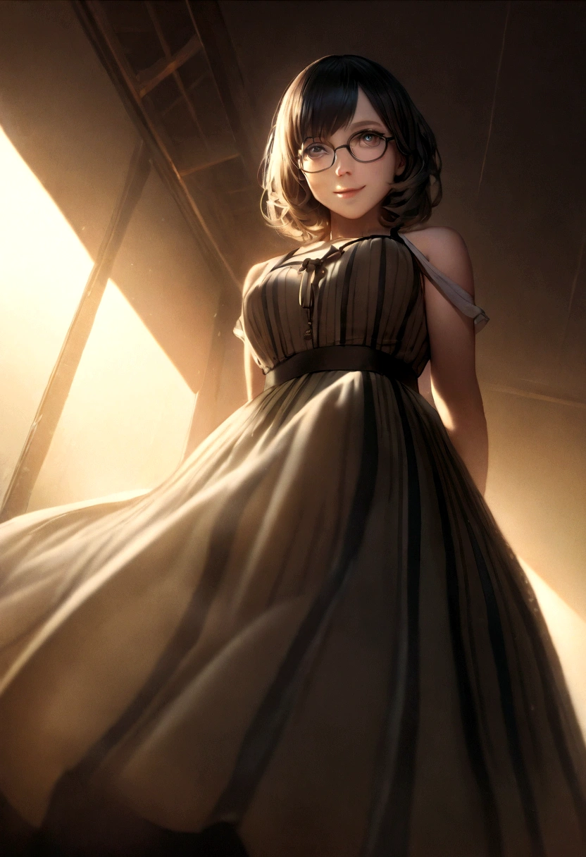 (Best quality, Ultra detailed, Golden ratio, Masterpiece:1.2), Theatrical lighting:0.7, Photo of a woman, dressed in a very elegant and pretty dress, Perfect rare face, (Highly detailed skin), randomly dyed hair, Hide your mouth with your hands、Ridicule, skin texture, Pale skin, shiny skin, (thin, large size:1.2), [:(Sharp focus on rare face, perfect eyes:1.2):0.2], photorealistic, film grain, Put one foot forward、from below looking up、look at camera、Emphasize the shoulders, Focus on face、Stockings、glasses、Smile with corners of mouth raised、disdainful expression, summer haze, muted colors, muted warm colors, Photo cinematic portrait of a woman dressed in a striped dress sitting by the window in the early morning, cinematic, (tilted:1.3) (on an old train) look cautious, standing under a spotlight, volumetric dust clouds, key light, backlight, soft natural lighting, photography Film grain ISO 400 30 mm lens RAW f1.8 aperture, highly detailed (analog photography:1), colors hdr