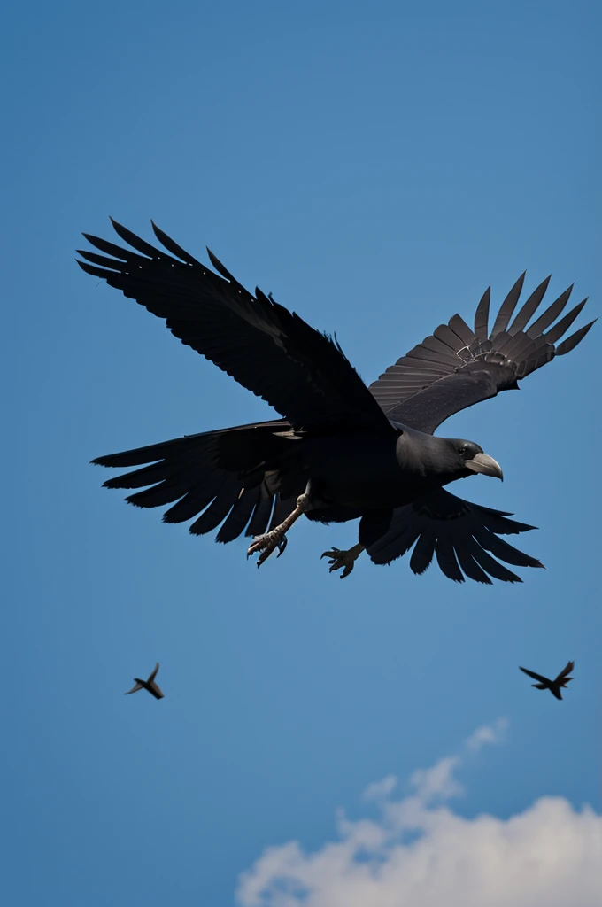 A crow is raising its wings wide, with a black background 