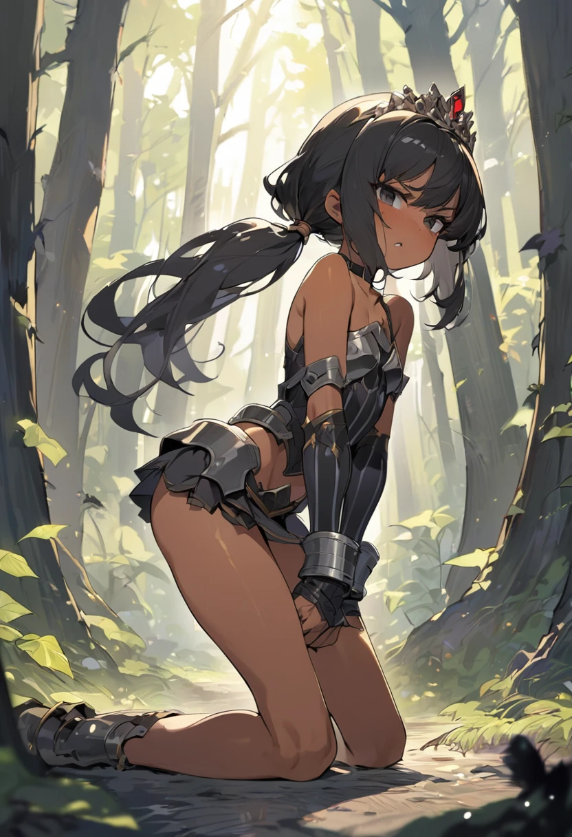 (anime style),masterpiece, best quality, extremely detailed,10Years old,tanned skin,dark skin, Beautiful body,small flat breasts,BREAK,multicolored colorful black hair,shaggy hair,long hair,long ponytails hair,BREAK,black eyes,black choker,dignified face,disgust,glare at,open mouth,detailed lips,,BREAK,with vertical stripes sweater,tiara,ripped Princess knight heavy armor,micro skirt,break,head tilt,in the woods Night,hands on legs,up half knee,ivy clinging to the body,arching back,shackles and cords,marching side by side,