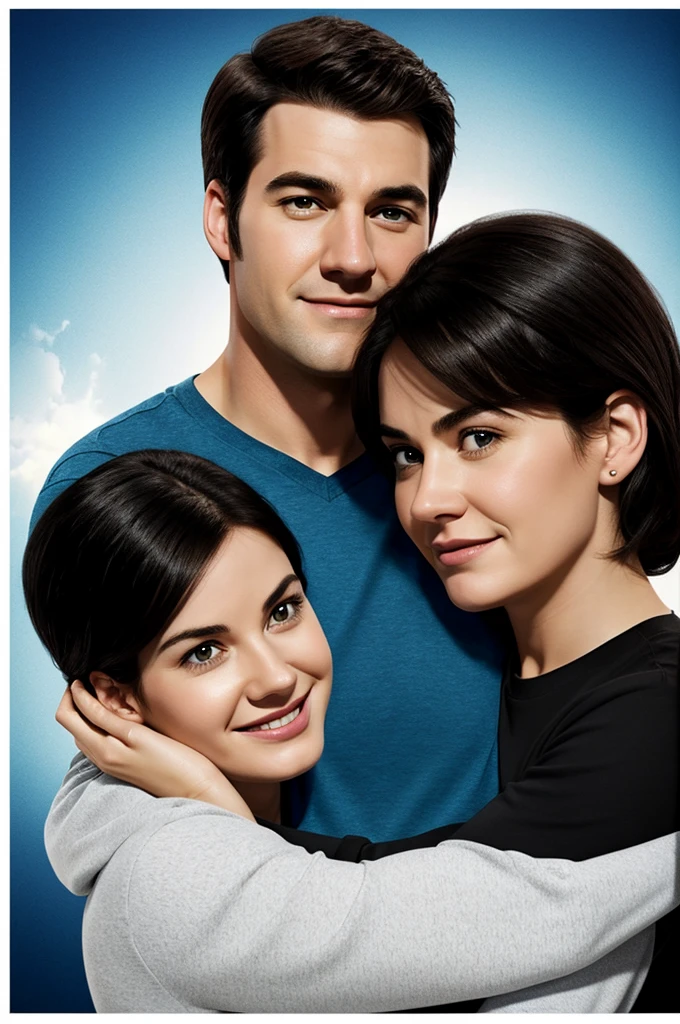 Pixar-type poster of a white couple with dark hair and black eyes hugging