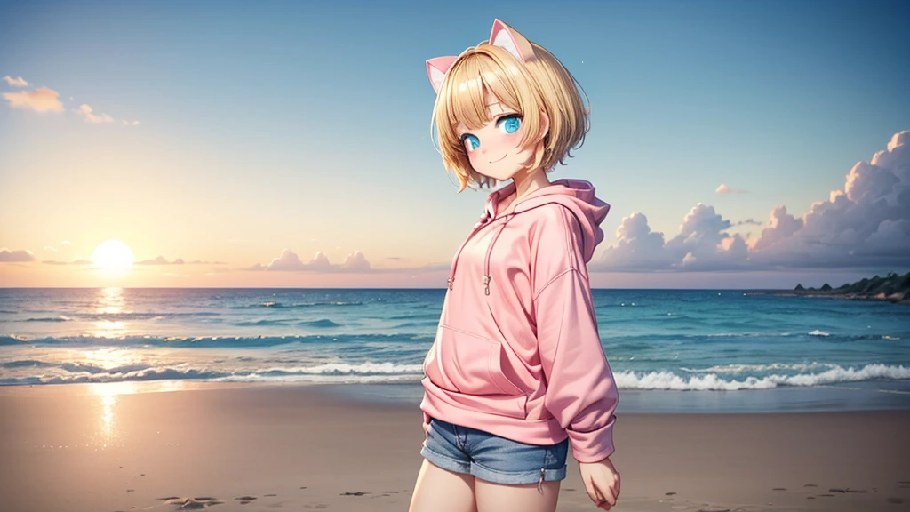 Turquoise Eyes、Cat ear、Absurd, Ultra-detailed,Bright colors,(solo),(From the side:1.2),(View your viewers:1.5) (Short blonde hair:1.2),Shiny Hair,(Pink hoodie:1.5),(Black sneakers),Denim shorts,Delicate and beautiful face, blush、(Deep blue eyes:1.4), White skin, (A wistful smile:1.3),Beautiful Clouds,(Standing on the beach, looking to the side with a sad expression:1.3),look at the sea and sunset,At sunset,Waves crashing on the beach,sunlight,Light on the face、Cat ear、Belly button、Turquoise Eyes