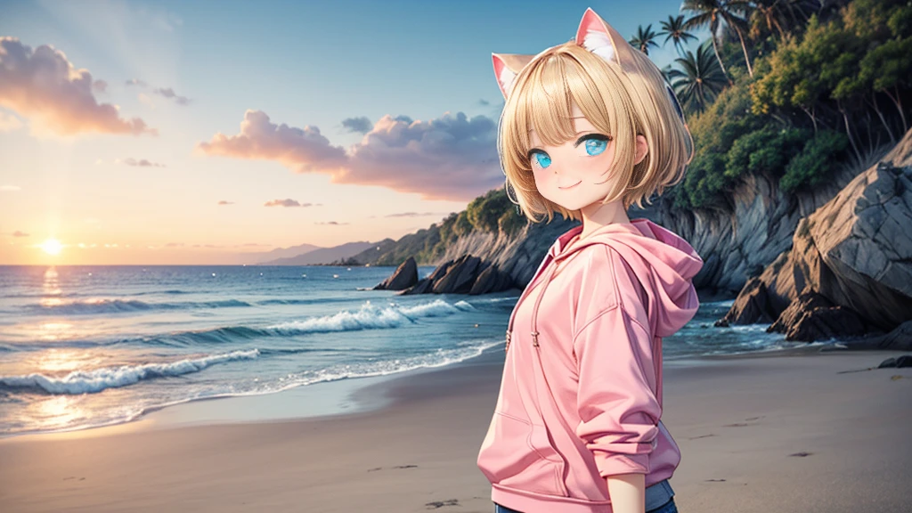 Turquoise Eyes、Cat ear、Absurd, Ultra-detailed,Bright colors,(solo),(From the side:1.2),(View your viewers:1.5) (Short blonde hair:1.2),Shiny Hair,(Pink hoodie:1.5),(Black sneakers),Denim shorts,Delicate and beautiful face, blush、(Deep blue eyes:1.4), White skin, (A wistful smile:1.3),Beautiful Clouds,(Standing on the beach, looking to the side with a sad expression:1.3),look at the sea and sunset,At sunset,Waves crashing on the beach,sunlight,Light on the face、Cat ear、Belly button、Turquoise Eyes