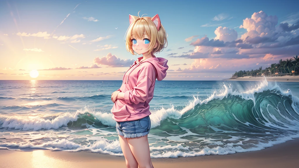 Turquoise Eyes、Cat ear、Absurd, Ultra-detailed,Bright colors,(solo),(From the side:1.2),(View your viewers:1.5) (Short blonde hair:1.2),Shiny Hair,(Pink hoodie:1.5),(Black sneakers),Denim shorts,Delicate and beautiful face, blush、(Deep blue eyes:1.4), White skin, (A wistful smile:1.3),Beautiful Clouds,(Standing on the beach, looking to the side with a sad expression:1.3),look at the sea and sunset,At sunset,Waves crashing on the beach,sunlight,Light on the face、Cat ear、Belly button、Turquoise Eyes