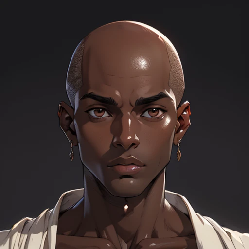 (masterpiece), (best quality),(portrait),(bust up),1boy,solo,(sharp focus),((look at viewer)),(dark skin),adult,((bald)),puffy lips,(ancient:1),ancient luxurious long clothes,old school fantasy art,((simple background)),super shiny face,Ultra Glossy Skin,