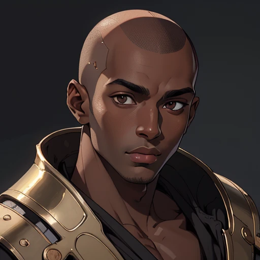 (masterpiece), (best quality),(portrait),(bust up),1boy,solo,(sharp focus),((look at viewer)),(dark skin),adult,((bald)),puffy lips,(ancient:1),ancient luxurious long clothes,old school fantasy art,((simple background)),super shiny face,Ultra Glossy Skin,