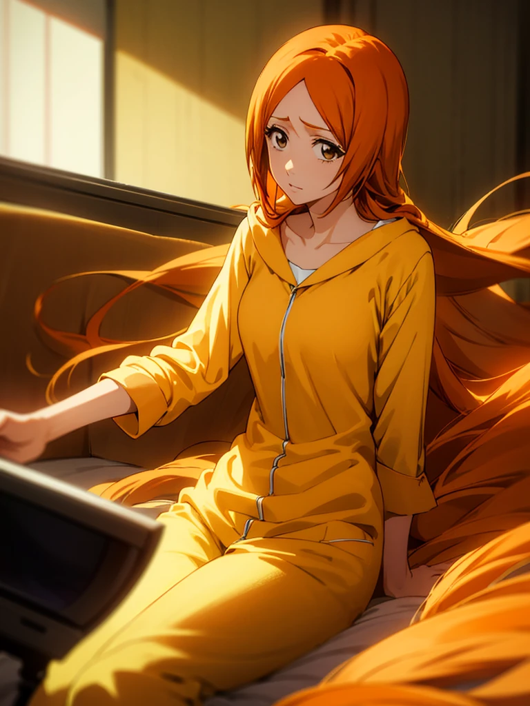 Orihime Inoue, 1girl, Single, Sitting at the end of a bed, Wearing yellow pajamas, Yellow shirt, Yellow pants, Hair between the eyes, long hair, Hair decoration, Looking at the viewer, Untidy hair, Orange hair, Single, Thighs, long hair, ((Masterpiece)), dark room, tv in background