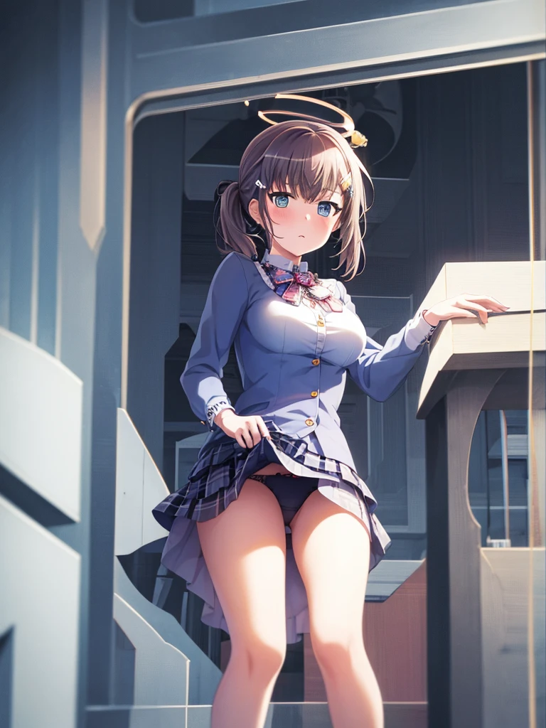 1 Girl, Solitary, , underwear, breast, skirt, hexist, Halo, Large target_breast, blue_hair, Umbilical cord, hair_Exceed_one_Eye, long_hair, White_skirt, White_, White_background, hair_Decorations, hairclip, clothing_lift, bow_, lifted_go through_Own, _background, skirt_lift, sock, from_below, Watching_exist_Viewer, long_sleeve, bow, diaphragm, blush, side_Ponytail, Berets, thigh, Bangs, shirt, Black_Headdress, blue_Eyes,