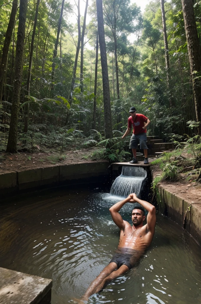 A man fell down in the water well and trying to reach out of the deep water well in the forest
