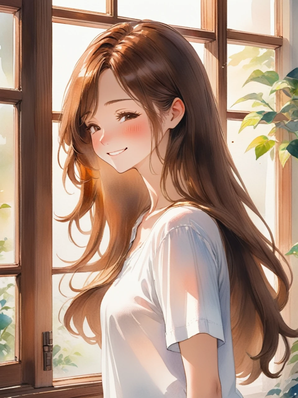 アニメのwoman、Long Hair、Brown Hair、Close your eyes and smile、adult、woman、refreshing、vivid、Lively、A very detailed watercolor painting、The soft light is hitting my face、adultのwoman、indoor、Window、Straight Hair、Slim figure、profile、Wearing a white shirt、adultのwoman、