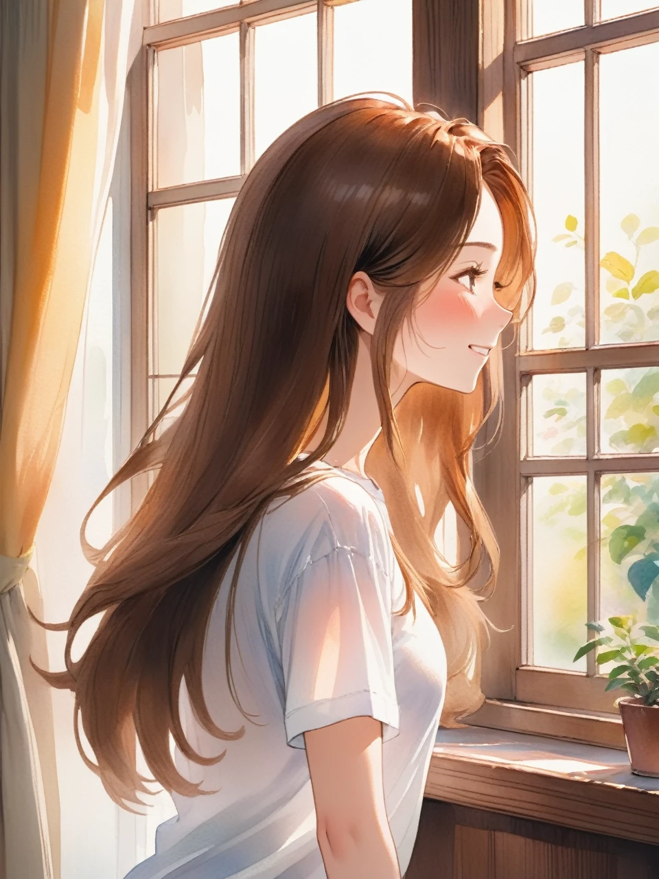 アニメのwoman、Long Hair、Brown Hair、Close your eyes and smile、adult、woman、refreshing、vivid、Lively、A very detailed watercolor painting、The soft light is hitting my face、adultのwoman、indoor、Window、Straight Hair、Slim figure、profile、Wearing a white shirt、adultのwoman、