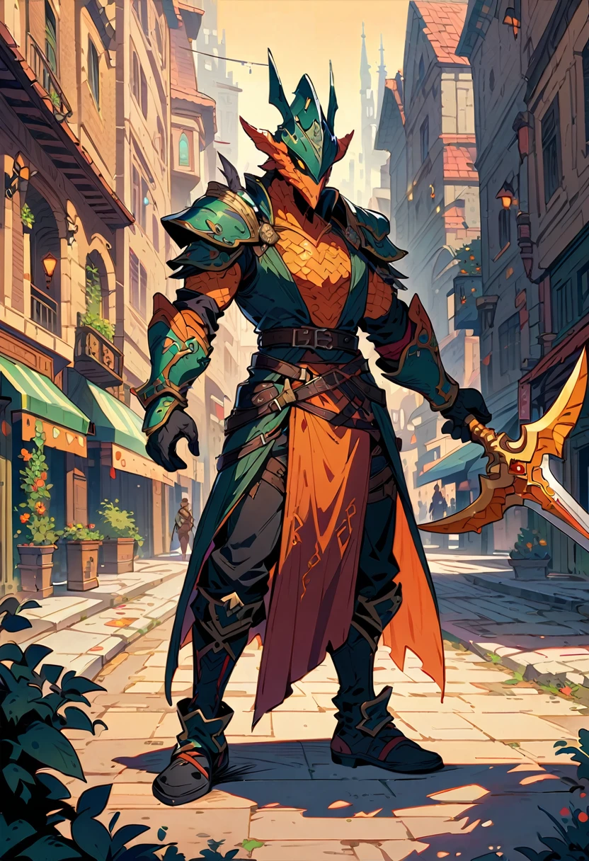 DnD character art, fantasy warrior with dragon head helmet and orange scales holding sword in hand standing on city street, green , black leather gloves, high details, in the style of fantasy.