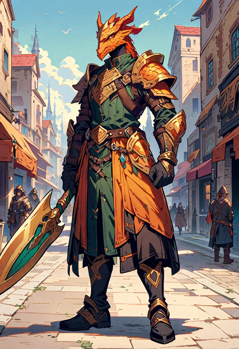 DnD character art, fantasy warrior with dragon head helmet and orange scales holding sword in hand standing on city street, green , black leather gloves, high details, in the style of fantasy.