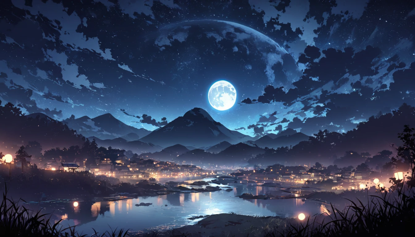 1 male, night, night景, landscape, moon