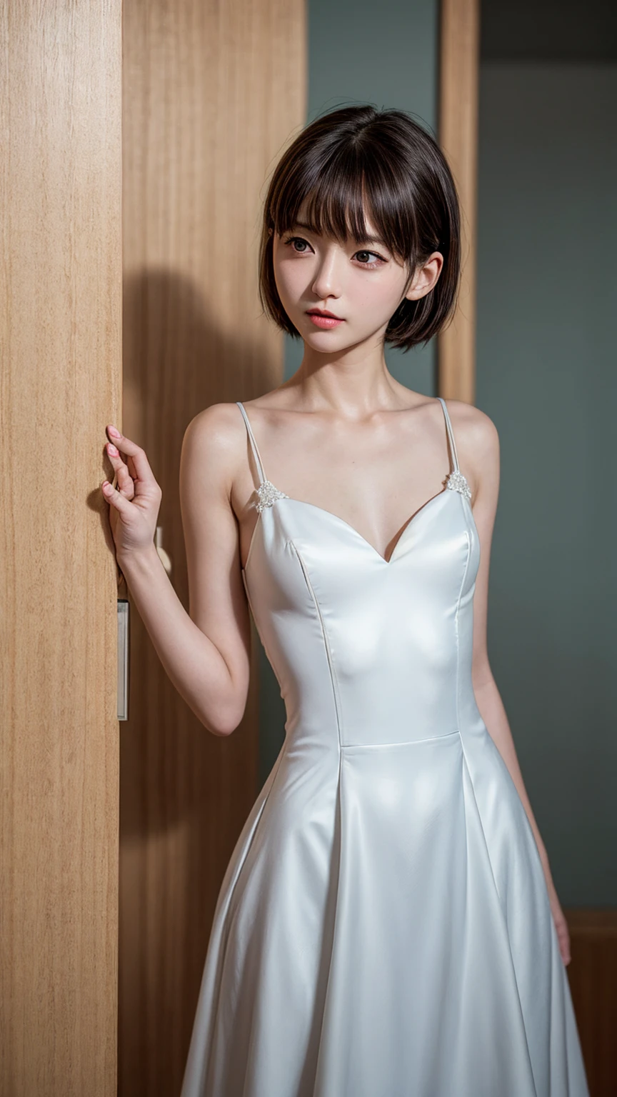 One piece wedding dress、Beautiful young wife、Super detailed、Particles of light:0.5、Shiny and smooth skin texture、First Night、Love each other、Beautiful clear eyes、Secret Love Affair、Sex、、Natural Texture、Short Hair、、Mature slender beauty、Small breasts、Dignified face、Love each other男と女、Nasty relationship、Place your hand on your chest、slouch