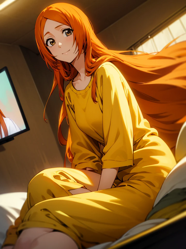Orihime Inoue, 1girl, Single, Sitting on bed, Wearing yellow pajamas, Yellow shirt, Yellow pants, Hair between the eyes, long hair, Hair decoration, Looking at the viewer, Untidy hair, Orange hair, Single, Thighs, long hair, ((Masterpiece)), She smiles, dark room, tv in background