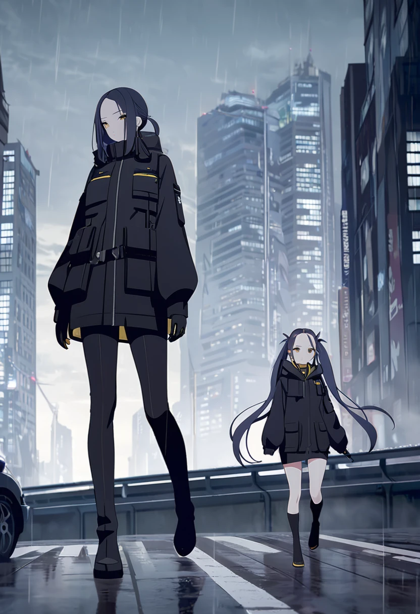 (One person,Very tall woman,Dark navy blue hair,Her hairstyle is twin tails that expose her forehead.,Medium chest,yellow eyes,Black Techwear,gloves,Walking in the rainy city)