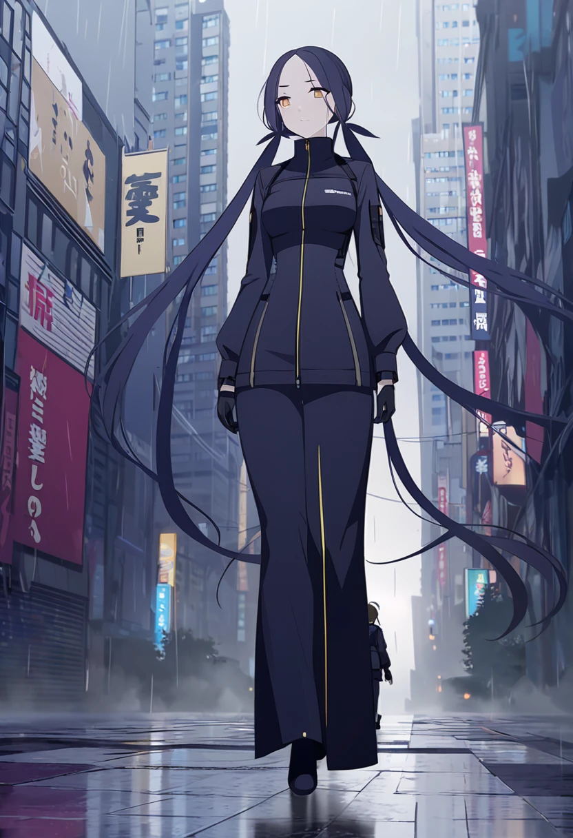 (One person,Very tall woman,Dark navy blue hair,Her hairstyle is twin tails that expose her forehead.,Medium chest,yellow eyes,Black Techwear,gloves,Walking in the rainy city)