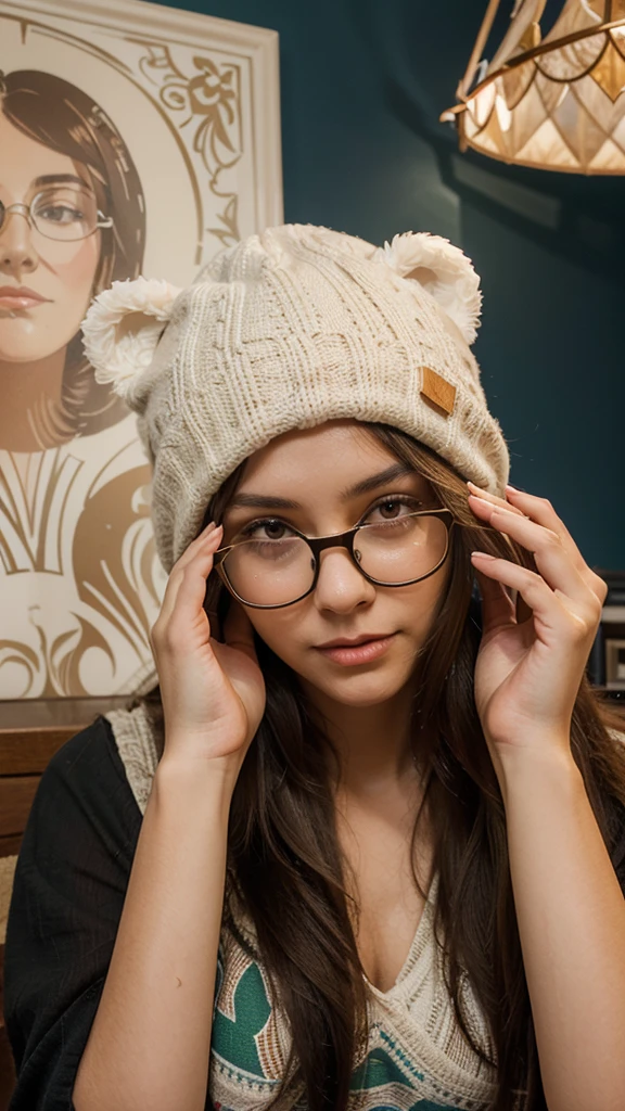 Create a detailed, close-up scene of a young woman with long dark hair, wearing a cozy beige hat with bear ears and transparent glasses. She is seen adjusting her glasses with both hands, creating a gentle and playful expression. Her facial expression is relaxed, with a soft smile, conveying a sense of warmth and comfort. She is dressed in a blue top with a colorful, patterned design featuring orange and green elements. The background is indoor with a large, abstract white sculpture to the left and a dark wall with a light fixture on the right, creating a modern and artistic setting. The camera angle should capture her from the chest up, focusing on her facial expression and the details of her hat and glasses, giving a sense of intimacy and personality.
