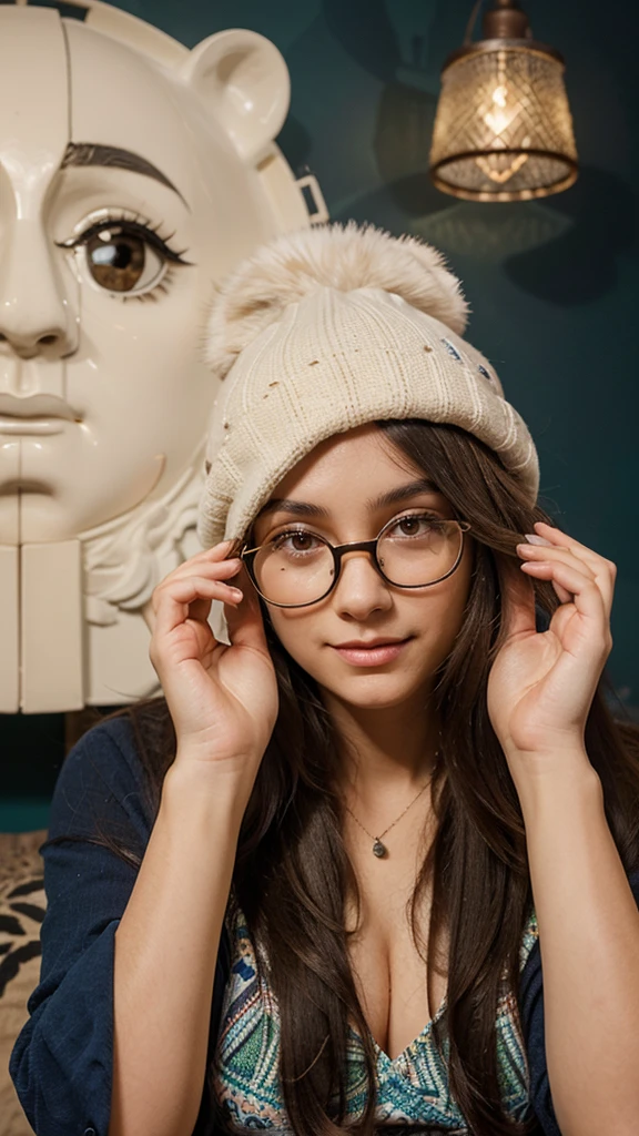 Create a detailed, close-up scene of a young woman with long dark hair, wearing a cozy beige hat with bear ears and transparent glasses. She is seen adjusting her glasses with both hands, creating a gentle and playful expression. Her facial expression is relaxed, with a soft smile, conveying a sense of warmth and comfort. She is dressed in a blue top with a colorful, patterned design featuring orange and green elements. The background is indoor with a large, abstract white sculpture to the left and a dark wall with a light fixture on the right, creating a modern and artistic setting. The camera angle should capture her from the chest up, focusing on her facial expression and the details of her hat and glasses, giving a sense of intimacy and personality.