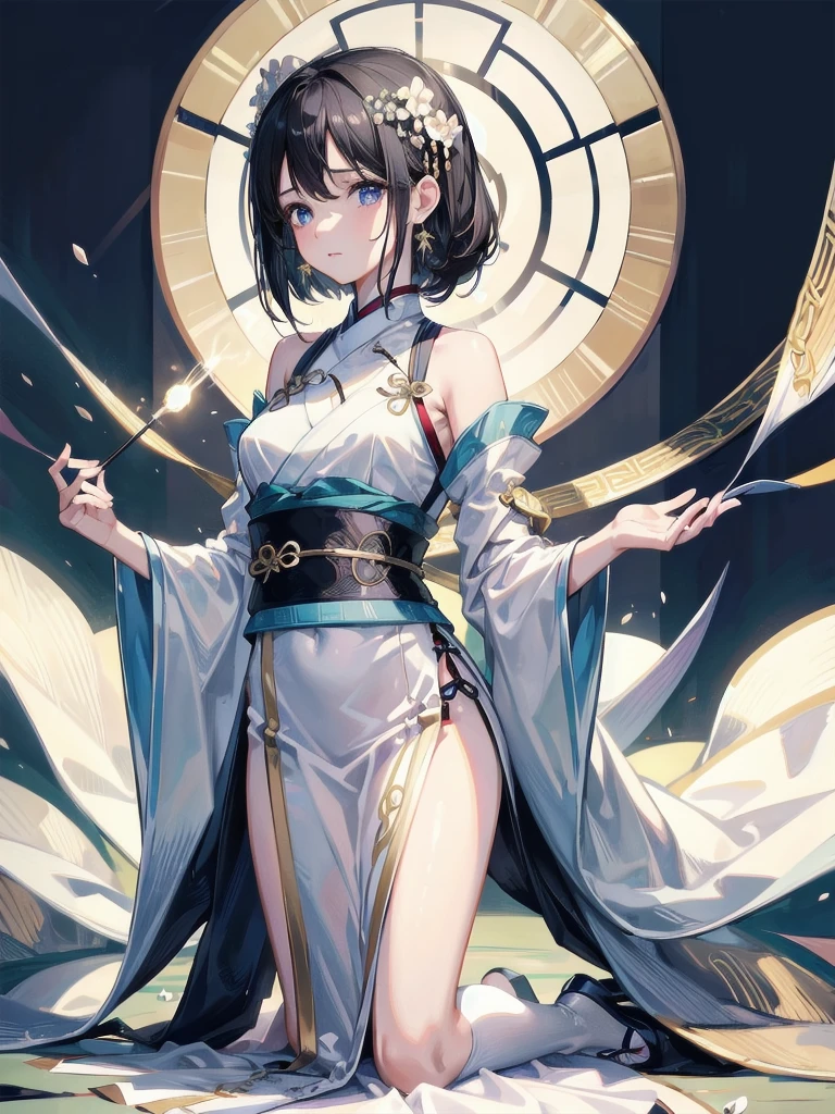 absurdres, RAW photo, extremely delicate and beautiful, masterpiece, Best Quality, ultra high resolution, 32k, hyperrealistic, ultra-detailed, in her 20s, delicate facial features, beautiful detailed girl, tearful mole, earring, medium breasts, full body shot, shorter middle hair, black hair, Hanfu,