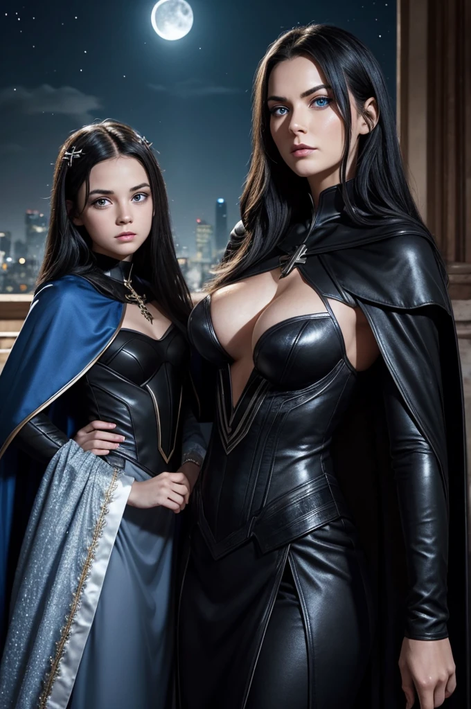 mother and daughter break: mother, super villain, mature woman , black hair , blue eyes, detailed face , sexy, curvys, tall, dress with cape, dresing with christian cross break: daughter, girl, very small breats, ager, 1.3, loliblack hair , blue eyes, detailed face ,dresing with christian cross , background with night moon behind