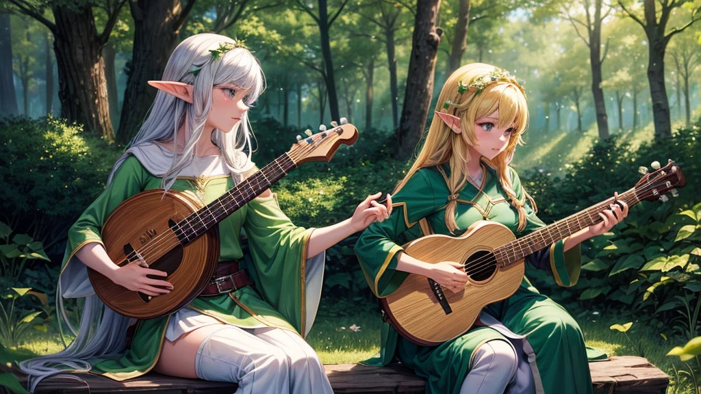 high quality,Anime girl playing banjo in the woods, Elven bard of the forest playing the lute, Elf Girl, elf forest background, Anime Rush John 8k Woods, Elf Princess, beautiful wood elf, forest soul, Fantasy-style anime, anime art wallpaper 4k, anime art wallpaper 4k, Elf Princess, Beautiful anime portraits, Anime Art Wallpapers 8K