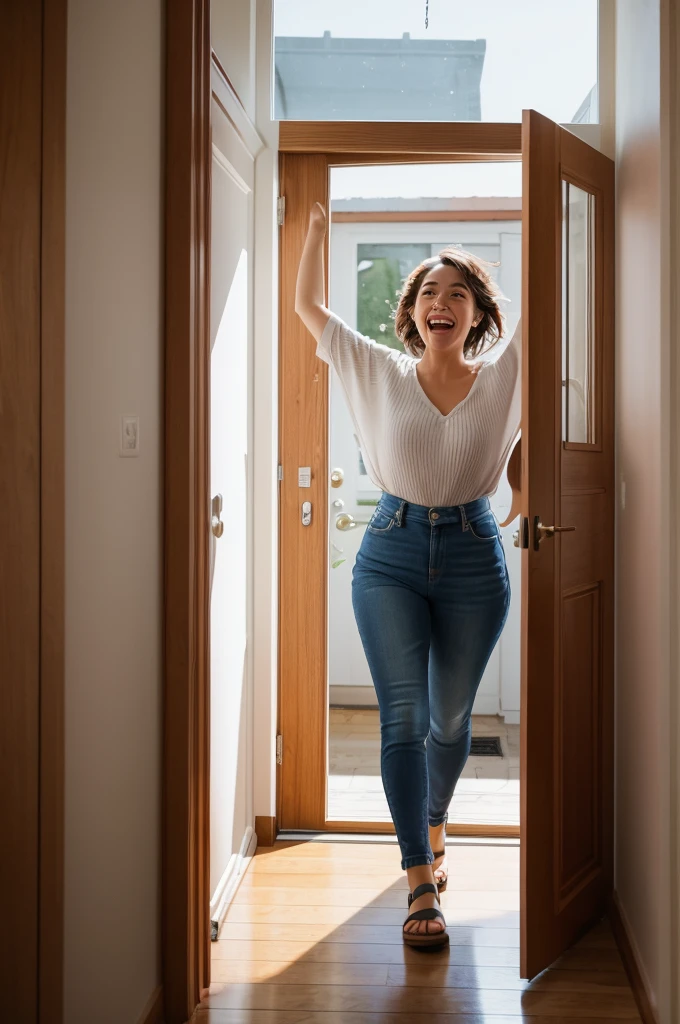 An excited person leaving the front door