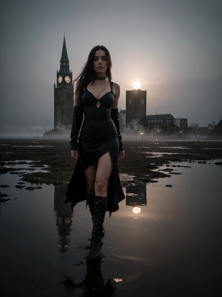 Gothic girl in tight dress, walked on the surface of a lagoon in the middle of the night fog