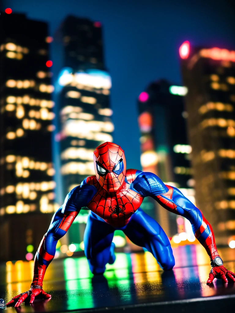A superhero in a red and blue costume, muscular male body, dynamic spider-themed pose, web-slinging action, New York City skyline background, cinematic lighting, photorealistic, highly detailed, (best quality,4k,8k,highres,masterpiece:1.2),ultra-detailed,(realistic,photorealistic,photo-realistic:1.37),dynamic action,cinematic composition,dramatic shadows,vibrant colors