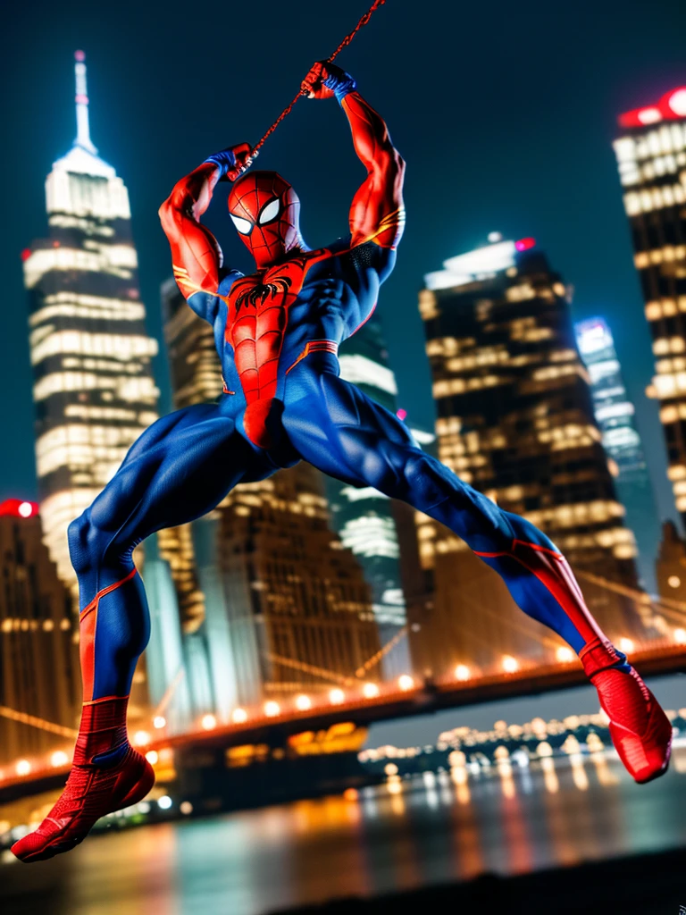 A superhero in a red and blue costume, muscular male body, dynamic spider-themed pose, web-slinging action, New York City skyline background, cinematic lighting, photorealistic, highly detailed, (best quality,4k,8k,highres,masterpiece:1.2),ultra-detailed,(realistic,photorealistic,photo-realistic:1.37),dynamic action,cinematic composition,dramatic shadows,vibrant colors