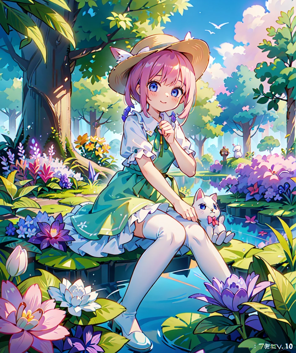 Ichika nakano, magical photography, deep focus bokeh, dressed as sweetie belle from my little pony, solo, 1 girl, in a mythical garden: 2.0, (short pink hair, coil curls: 2.5, dark blue heavenly eyes: 1.5, wearing a green and white dress, happy: 1.5, soft smile, her surroundings are ethereal, ((ultra realistic high quality top quality 4k)),: 3.0, bright sunny day: 1.urple and green flowers everywhere: 3.2, bushes, POND WITH LILY PADS: 3.0, jacaranda trees: 2.0, highly detailed jacaranda trees, green grass: 1.3, wearing a white summer hat with purple ribbon, summer dress with flower patterns, dainty features: 2.0,  like features: 2.0 two white cat ears: 1.0, ONE WHITE THIN THIN REALLY THIN HORN ON HER FOREHEAD, two white cat ears, pure white skin, green thigh high, highly detailed legging, purple heel, shiny hair, slightly shiny skin, sun rise, morning, shining ponds, lavender flower everywhere, shining eyes, soft gentle smile cute pink soft light blush,