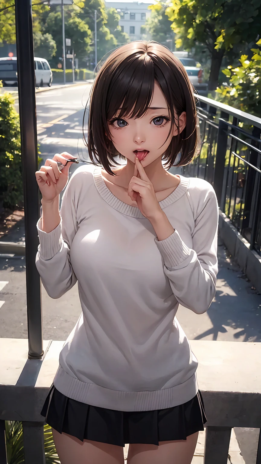 ベランダでBlowjobする若妻、Super detailed、Particles of light:0.5、Shiny and smooth skin texture、Put your hands on the railing、Beautiful Eyes、Blowjob、Open your mouth and stick out your tongue、Natural Texture、Short Hair、、Mature slender beauty、Small breasts、Dignified face、A thin cut-and-sew sweater and a white skirt、Breasts are visible when slouching、Licking the male genitalia with the tongue、hold the penis with one&#39;s hand、Small breasts、slight chest