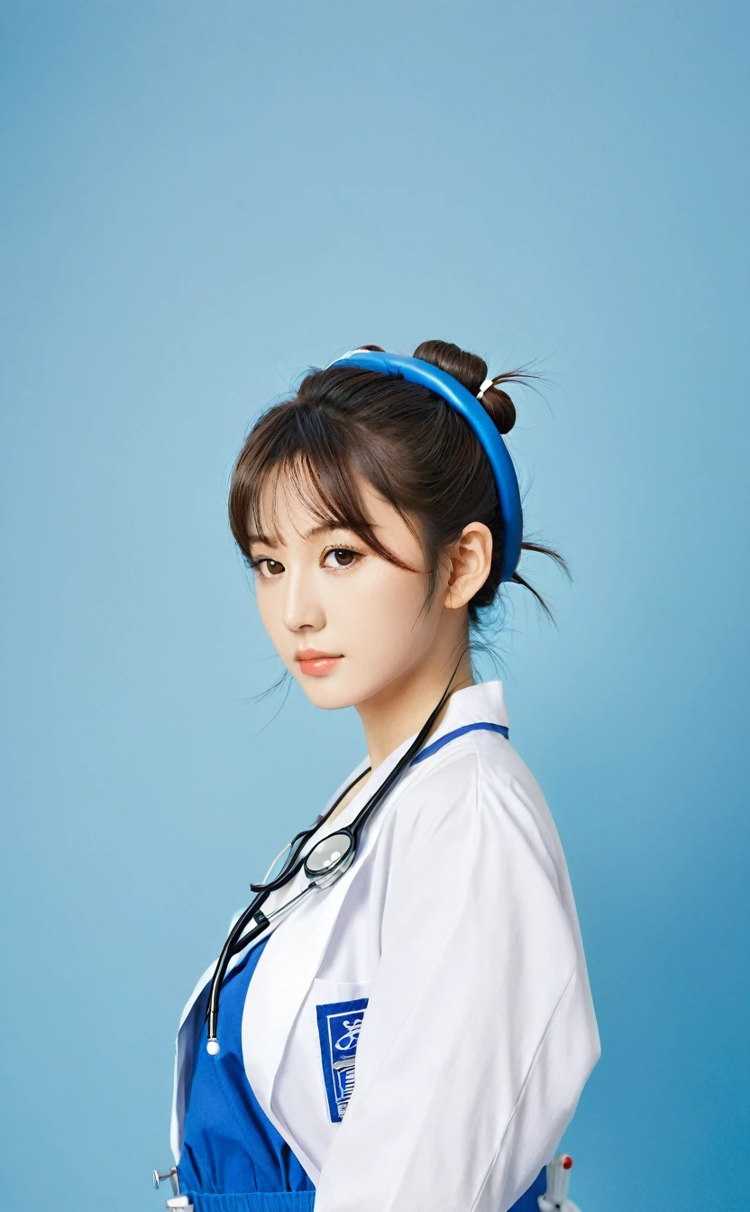 Realistic,Japanese young idol one girl portrait,Hair tied in a loose bun at the back,She is a nurse in a blue doctor's uniform.,Wearing a Japanese nurse's hat,Gentle smile,Simple light blue background,Tilting face,Popular Korean makeup,photoRealistic,