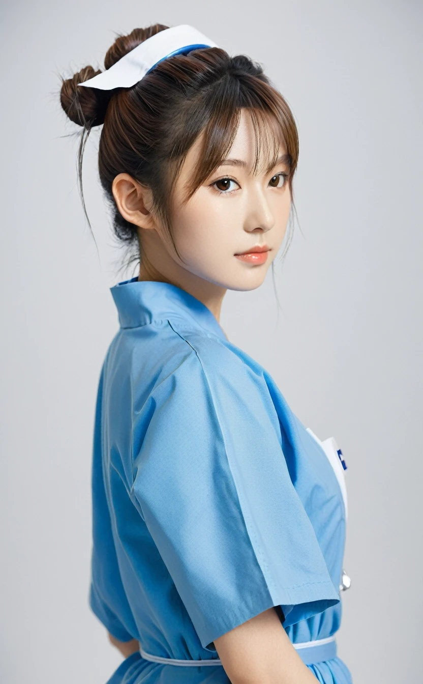Realistic,Japanese young idol one girl portrait,Hair tied in a loose bun at the back,She is a nurse in a blue doctor's uniform.,Wearing a Japanese nurse's hat,Gentle smile,Simple light blue background,Tilting face,Popular Korean makeup,photoRealistic,
