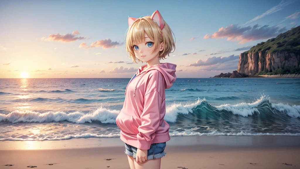 Turquoise Eyes、Cat ear、Belly button、Absurd, Ultra-detailed,Bright colors,(solo),(From the side:1.2),(View your viewers:1.5) (Short blonde hair:1.2),Shiny Hair,(Pink hoodie:1.5),(Black sneakers),Denim shorts,Delicate and beautiful face, blush、(Deep blue eyes:1.4), White skin, (A wistful smile:1.3),Beautiful Clouds,(Standing on the beach, looking to the side with a sad expression:1.3),look at the sea and sunset,At sunset,Waves crashing on the beach,sunlight,Light on the face、Cat ear、Belly button、Turquoise Eyes