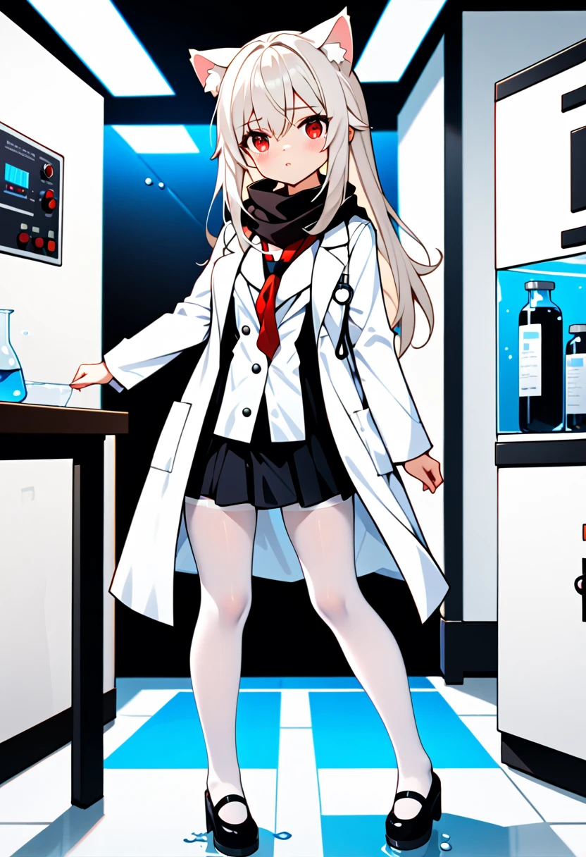 masterpiece, highest quality, highest resolution, clear_image, detailed details, White hair, long hair, cat ears, 1 girl, red eyes, white lab coat (with a black short skirt), white pantyhose, white scarf (around the neck), cute, full body, no water marks, laboratory, no extra limps, no extra body, NSFW
