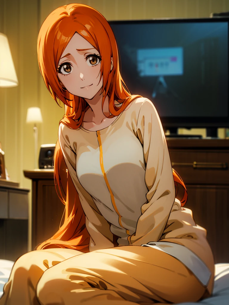 Orihime Inoue, 1girl, Single, Sitting on bed, Wearing yellow pajamas, Yellow shirt, Yellow pants, Hair between the eyes, long hair, Hair decoration, Looking at the viewer, Untidy hair, Orange hair, Single, Thighs, long hair, ((Masterpiece)), She smiles, dark room, tv in background