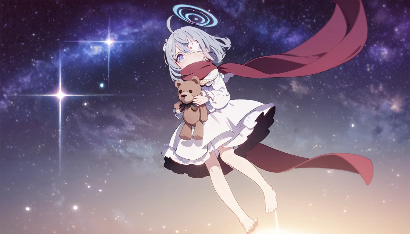 (((masterpiece))), (((best quality))),(((high detail))),light manipulation, darkness manipulation, portal manipulation, girl with long silver hair, a normal eye on the left, a gradient purple to sky blue eye on the right, wearing a white dress, a red scarf, a white eyepatch on her right eye, (((loli))), (((child))) , galaxy background, holding a teddy bear, feet, no footwear