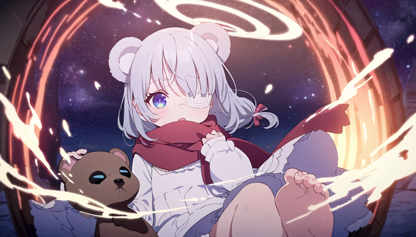 (((masterpiece))), (((best quality))),(((high detail))),light manipulation, darkness manipulation, portal manipulation, girl with long silver hair, a normal eye on the left, a gradient purple to sky blue eye on the right, wearing a white dress, a red scarf, a white eyepatch on her right eye, (((loli))), (((child))) , galaxy background, holding a teddy bear, feet, no footwear