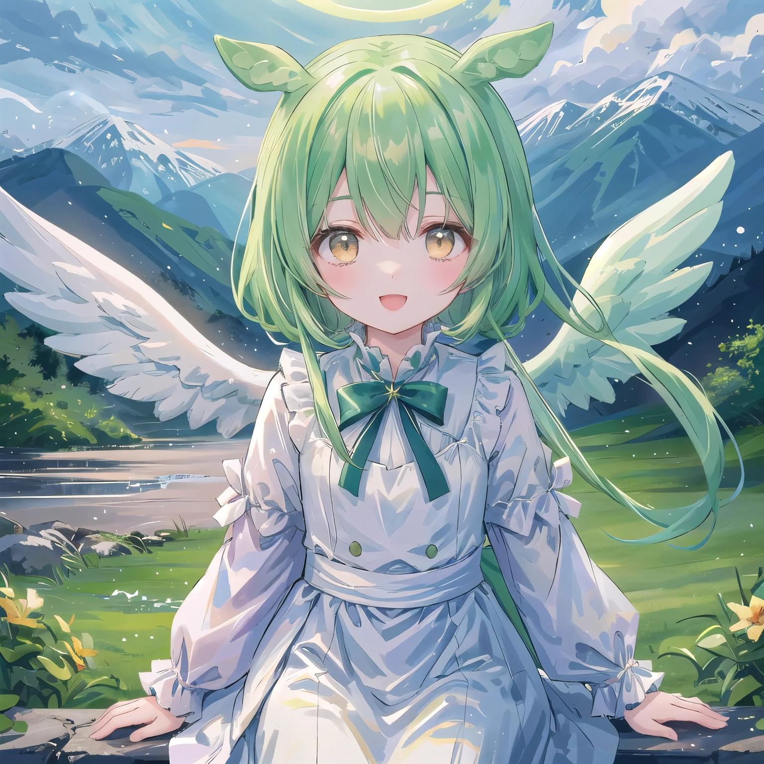 Dark green hair, eyes are yellow, scenery, Mountain, Upper Body, smile, Sitting, Open your mouth, Particles of light, Looking at the audience, Face Focus,Big angel wings,Angel Halo、Look here、Wearing a light white dress