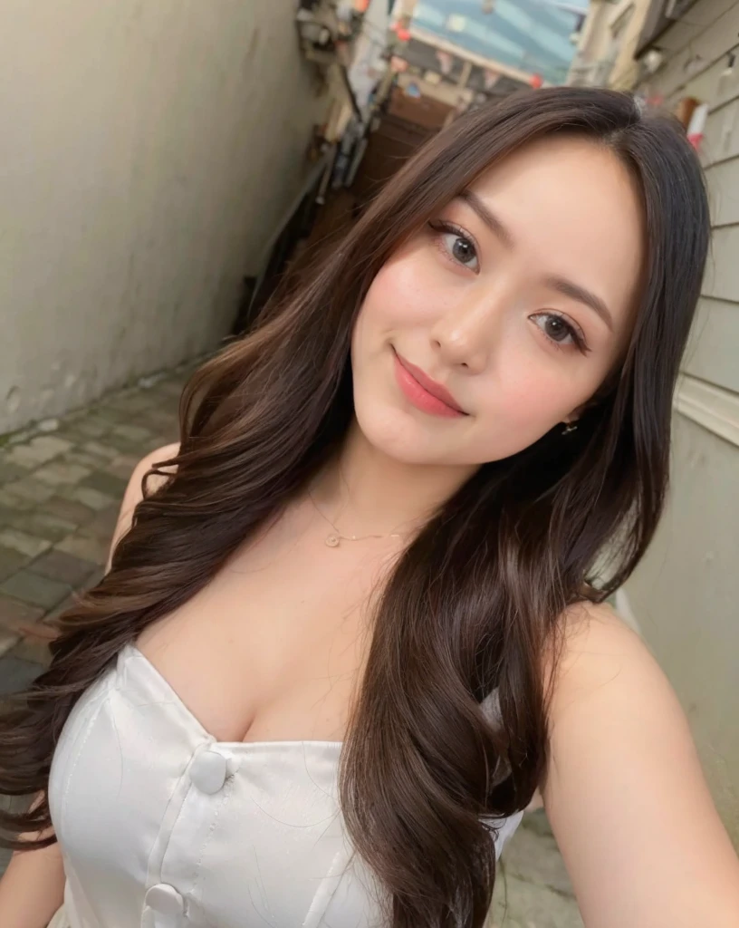 (best quality,8k,highres,masterpiece:1.2), realistic, photorealistic:1.37, UHD, studio lighting, sharp focus, extreme detail description, professional, vivid colors, bokeh, portraits, extremely detailed face texture, beautiful detailed eyes, beautiful detailed lips, extremely detailed hair, dark colored hair, youthful appearance, big round breast, cleavage, proportional eyes, seducing smile, clean and natural face, no makeup, bare face, indonesian face,