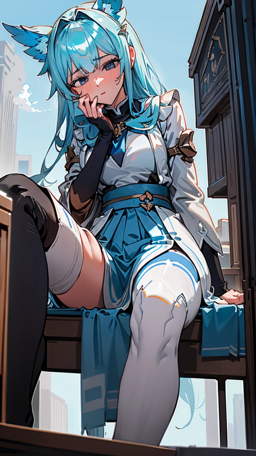 Across a sprawling university campus, the Giantess Goddess with azure blue skin and silver gray eyes walks among the academic buildings. Her hair, a cascade of blue books, seems to float in the air. Students and professors pause in their lectures, their attention caught only when she pauses to observe a scientific display. Unnoticed until her gentle fingers delicately pluck them from their desks, they cry out in surprise, their protests muffled against her palm as she brings them close to her face, studying them with gentle curiosity before setting them down carefully.