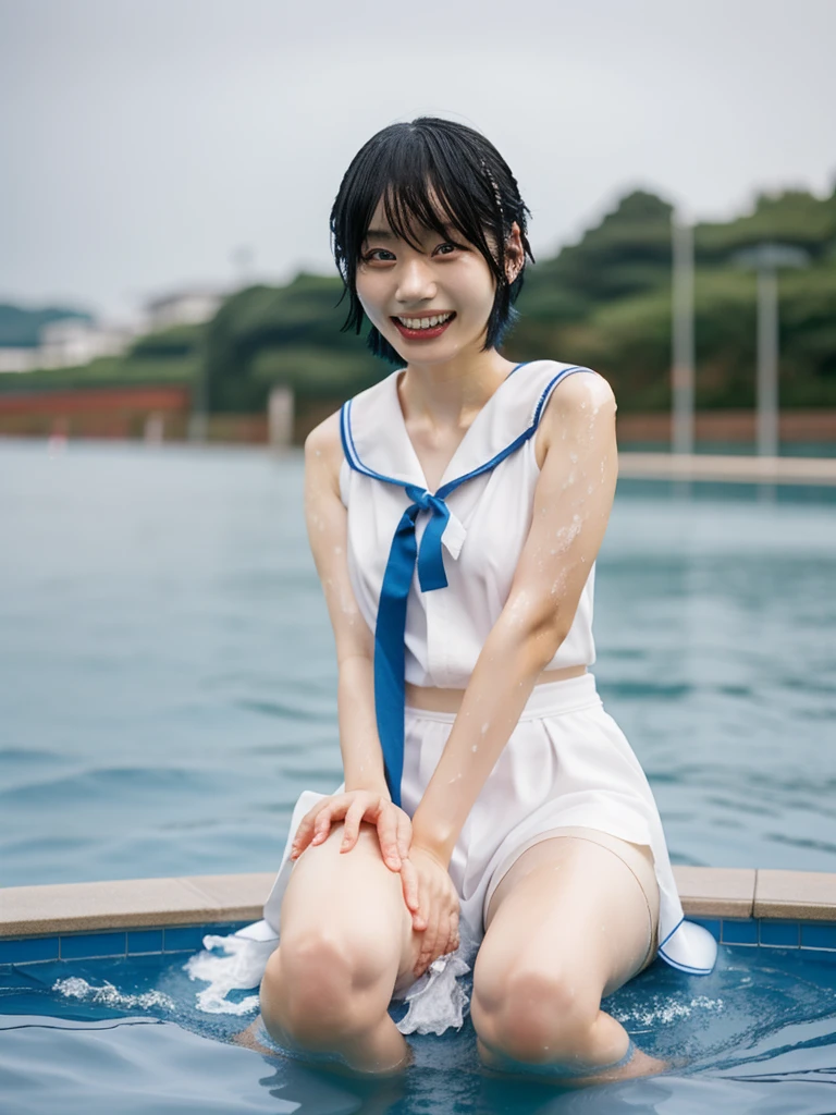 8k, japanese, High School girl,1 person, age 18, Sailor Mercury, cosplay,short hair, Wet arms,Wet legs,Wet Face, pose, Highest quality, wet poolside, smile
